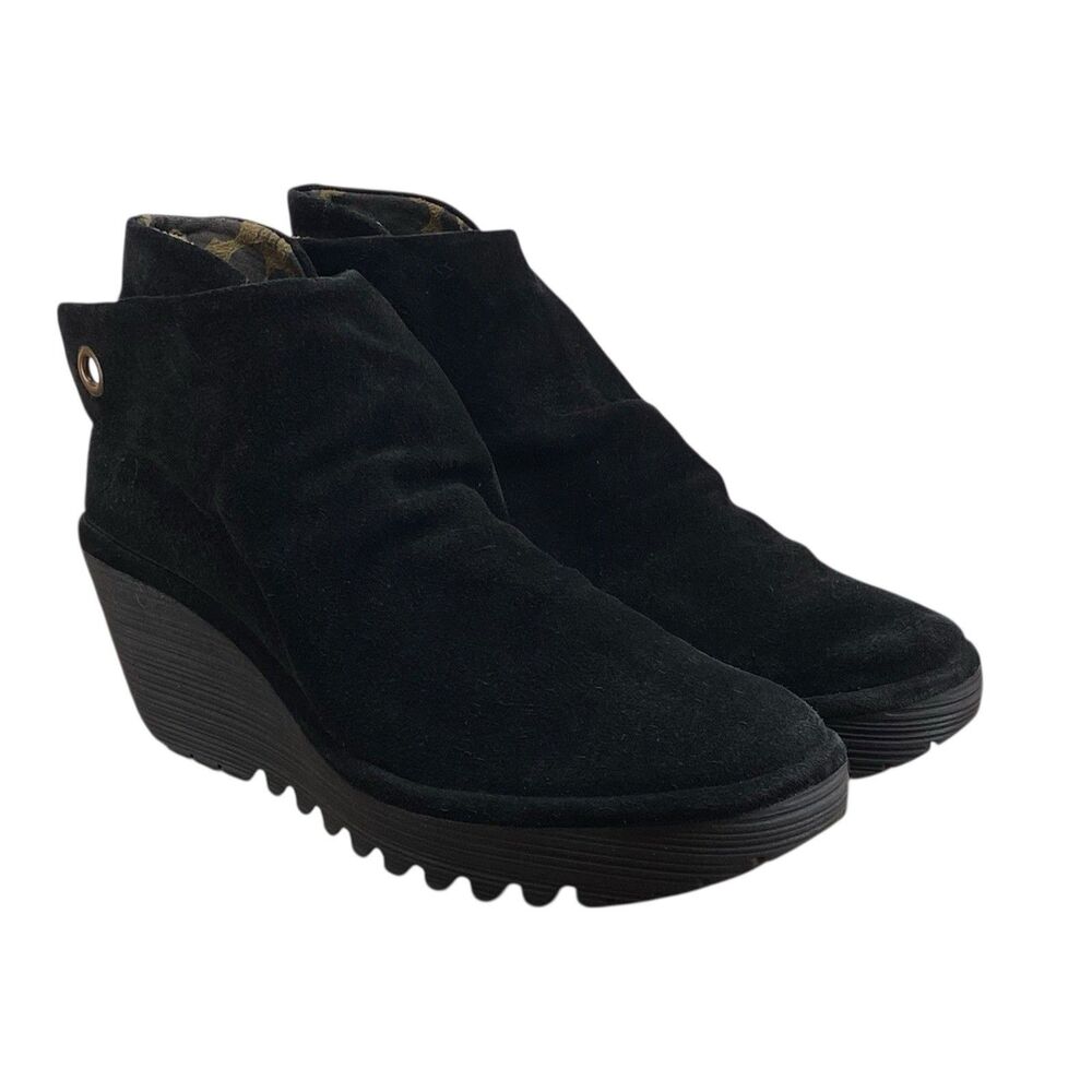 Fly London Yama Boots Women's Size 10 Black Suede Platform Wedge Booties